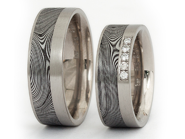 Trauringpaar Damaszenerstahl Palladium mit Brillanten 0,075ct