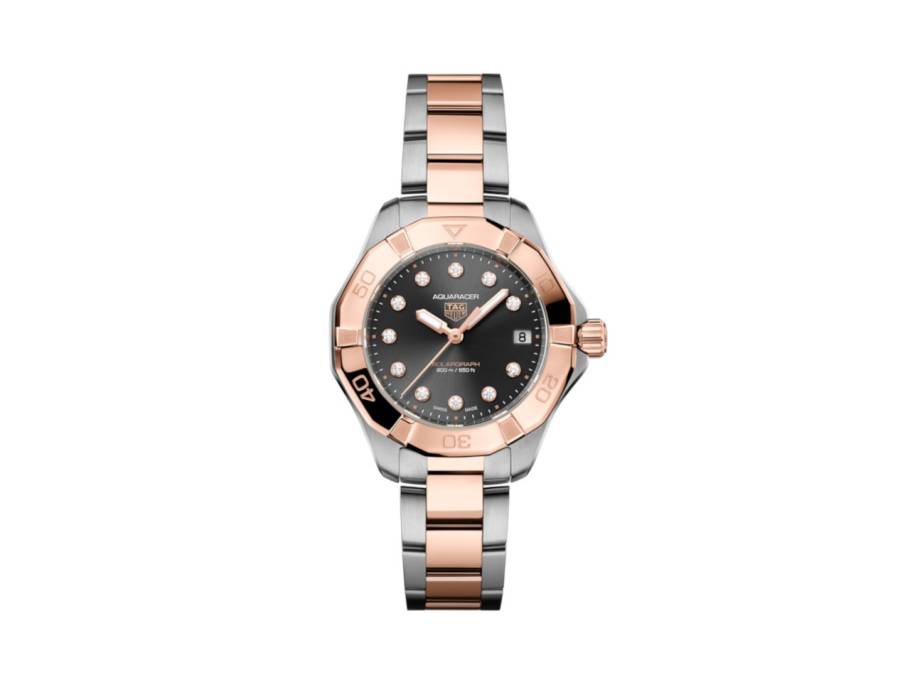 Aquaracer Professional 200 Solargraph Quarz Edelstahl Roségold 34mm schwarzes Perlmutt-Zifferblatt mit Brillanten Metallband