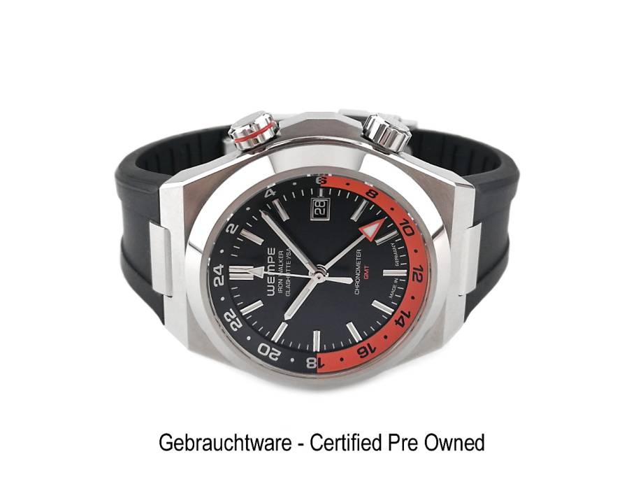 Wempe Iron Walker GMT Automatik Edelstahl 42mm schwarzes Zifferblatt Kautschukband WI250003 Full Set Occasion Neu