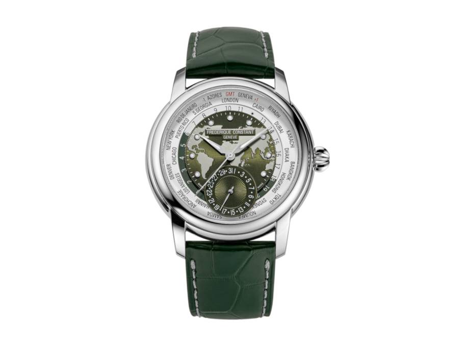 Classics Worldtimer GMT Manufacture Automatik Edelstahl 42mm weißes Zifferblatt grünes Lederband